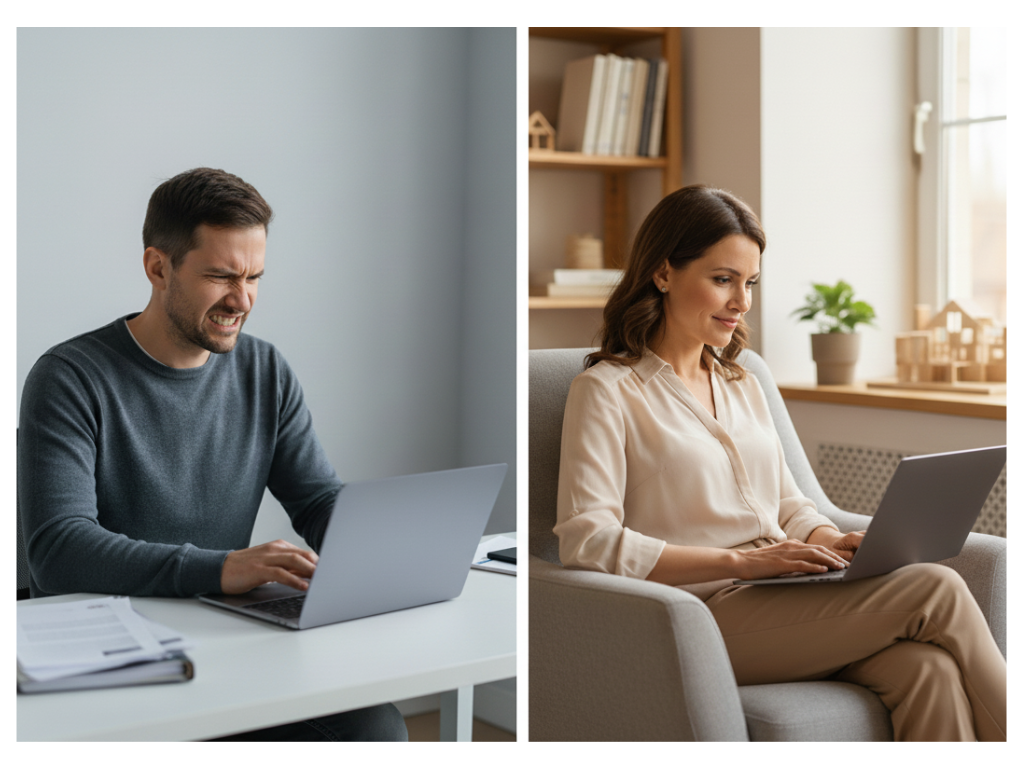 Frustrated homeowner filling our contact form, vs satisfied homeowner filling out guided discovery