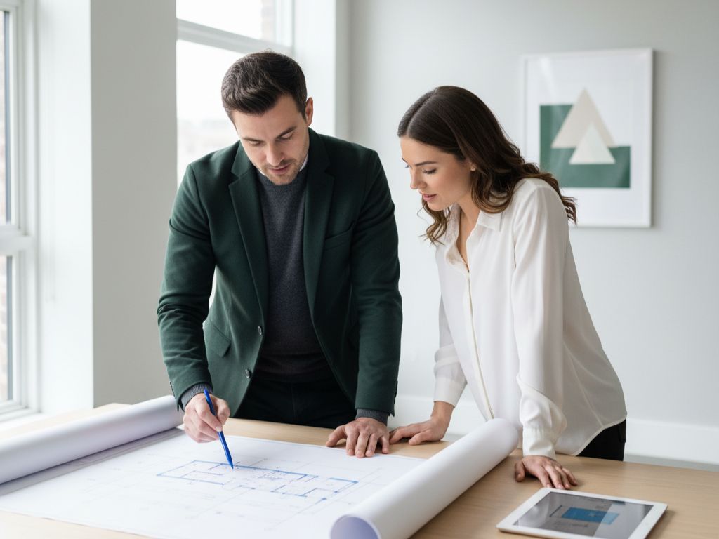 Architect and homeowner collaborating over plans